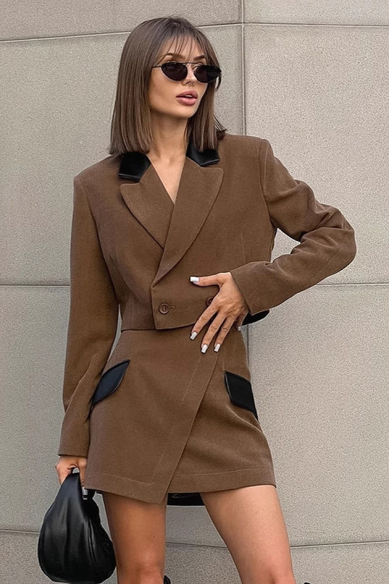French Vintage Brown Woolen Suit Set For Women
