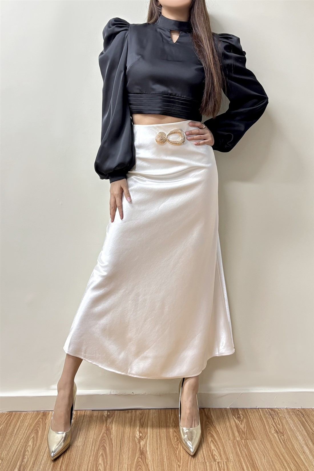 Satin Midi Skirt With Gold Buckle Detail