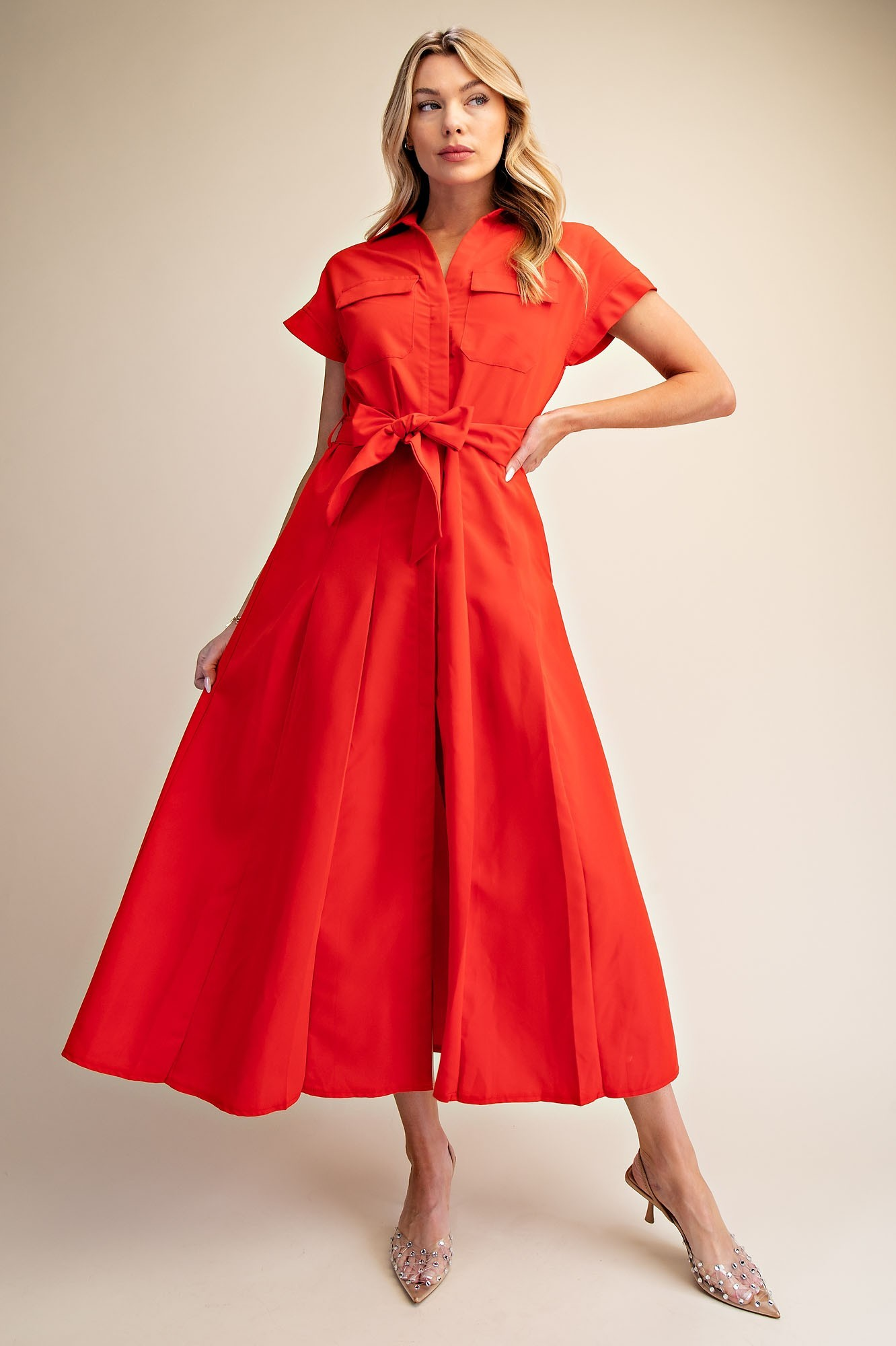 Waist Tie Belt Front Pocket Button Down Midi Dress