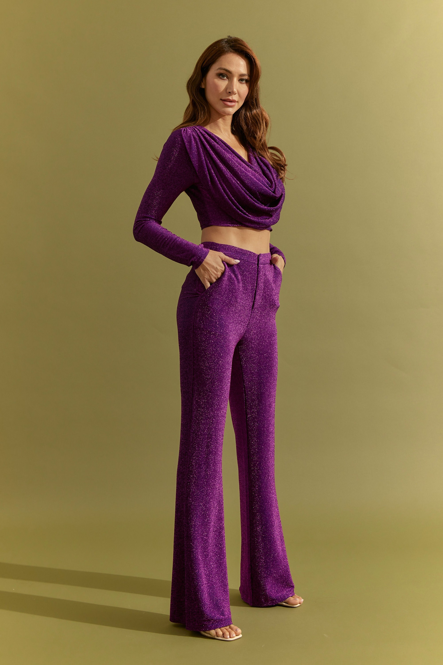 Knit Long Sleeve Cowl Neck Top And Pants Set