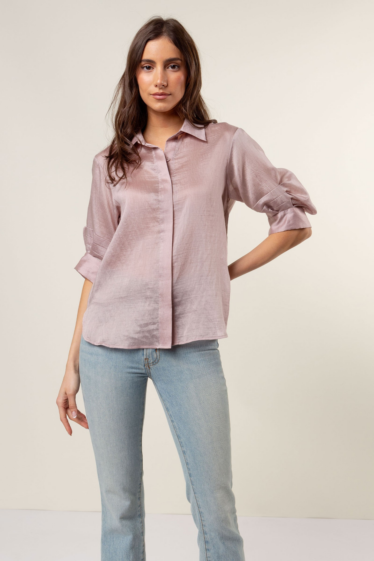 Pleated Short Sleeve Linen Button-up Blouse
