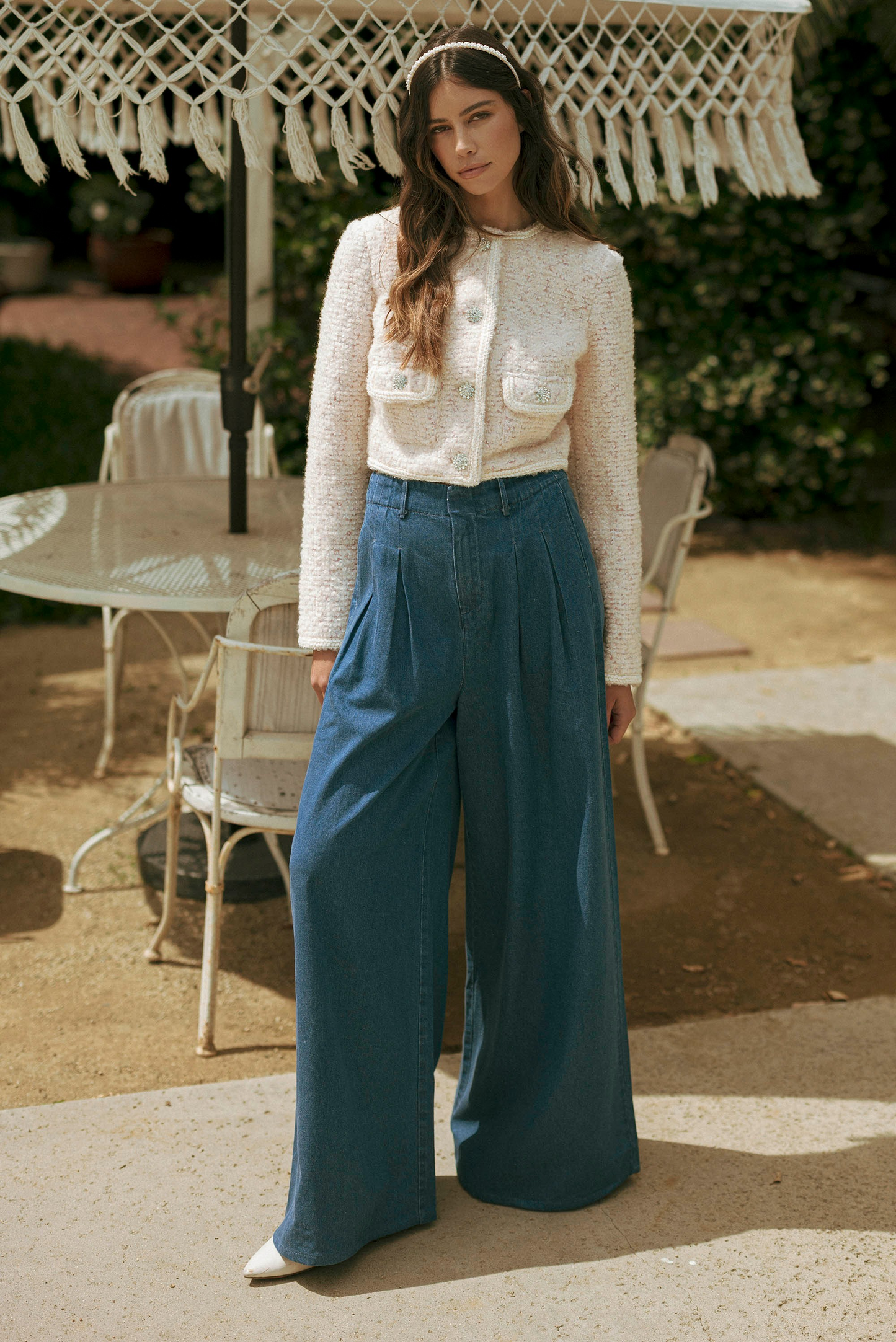 Pleated Detail Wide Leg Denim Pants