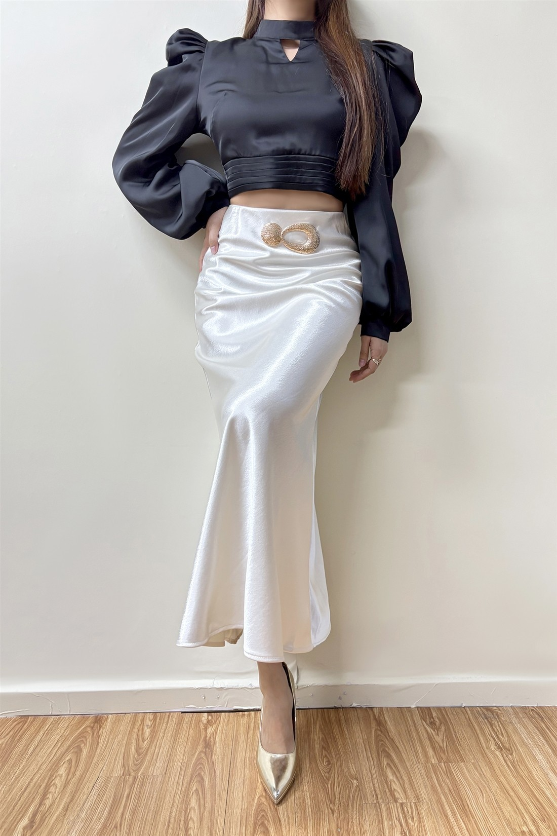 Satin Midi Skirt With Gold Buckle Detail