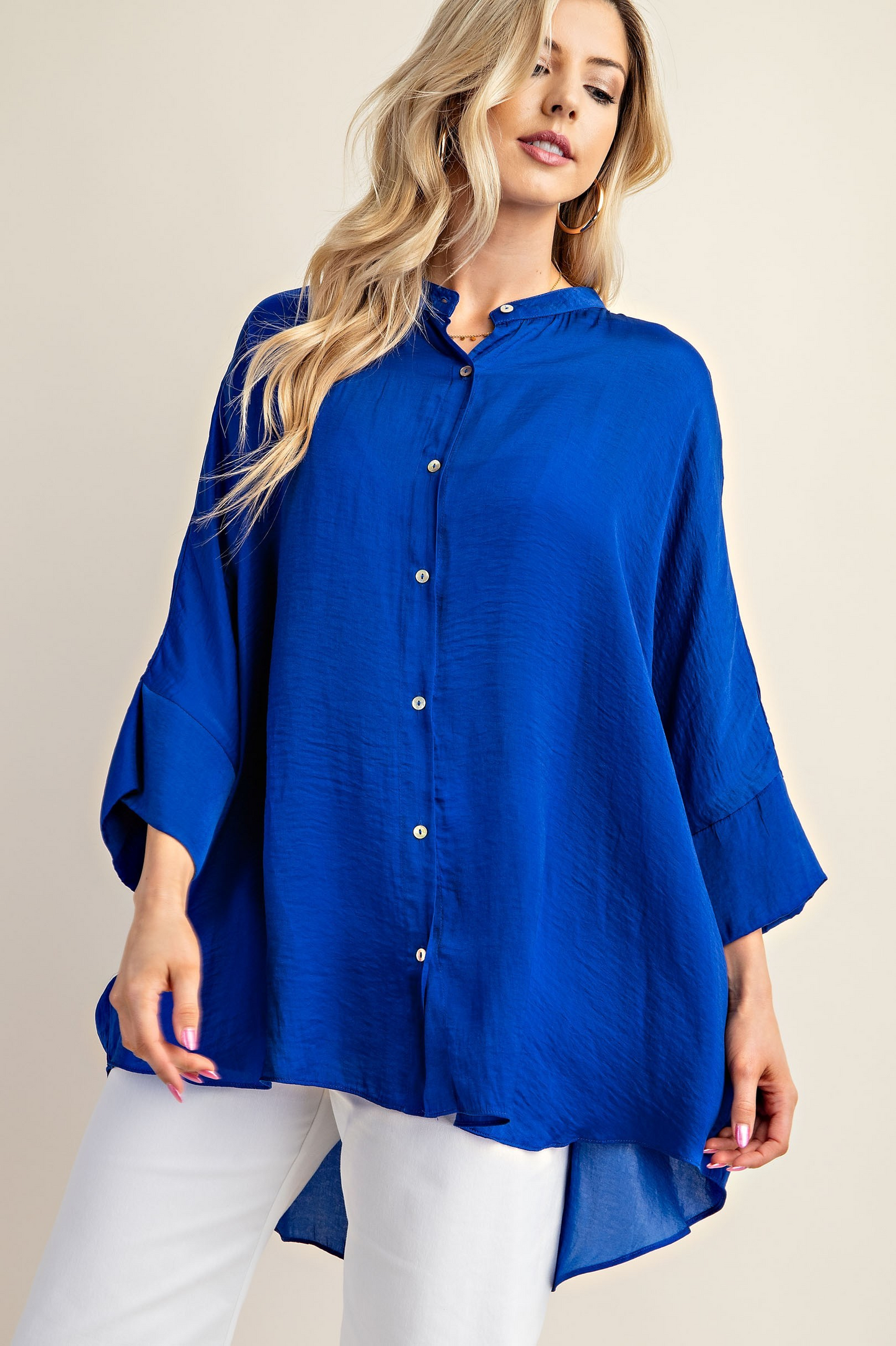 Washed Satin Button Down Loose Fit Top