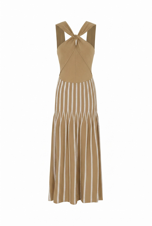 Nadine Knit Stripe Crisscross Halter Midi Dress