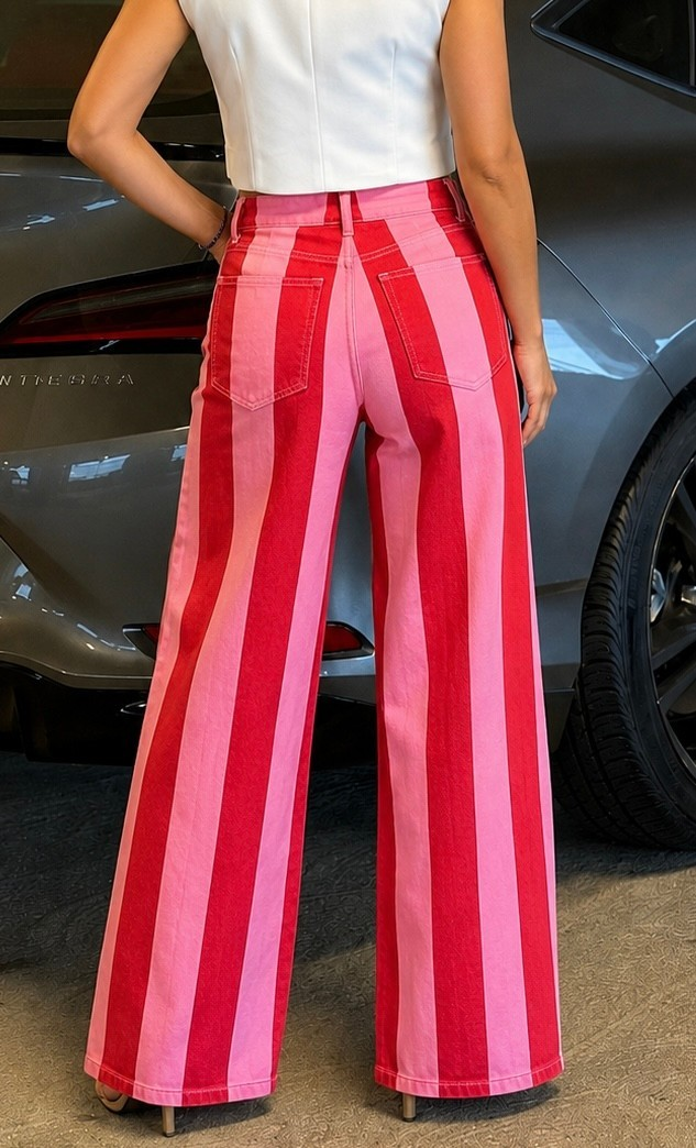 High Waisted Color Block Stripe Wide Leg Denim Jeans