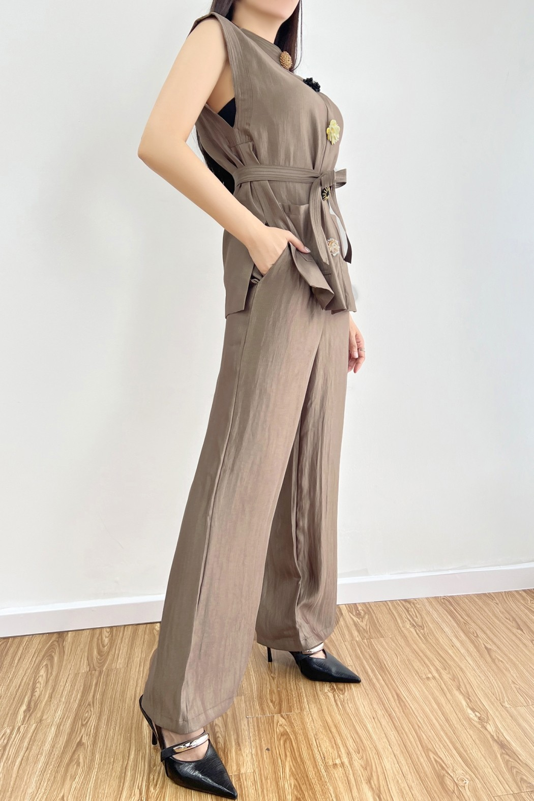 Textured Button Top And Wide Leg Pants