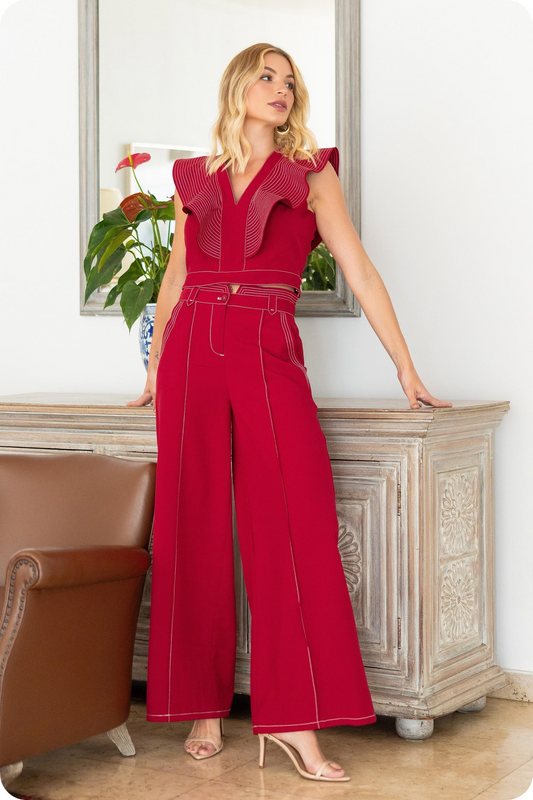 Top Stitch Detail Ruffle TOP V-neck AND Wide Leg Trousers