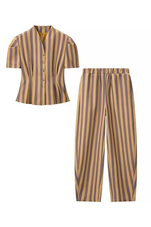 Striped V-neck Blouse And Pants Set