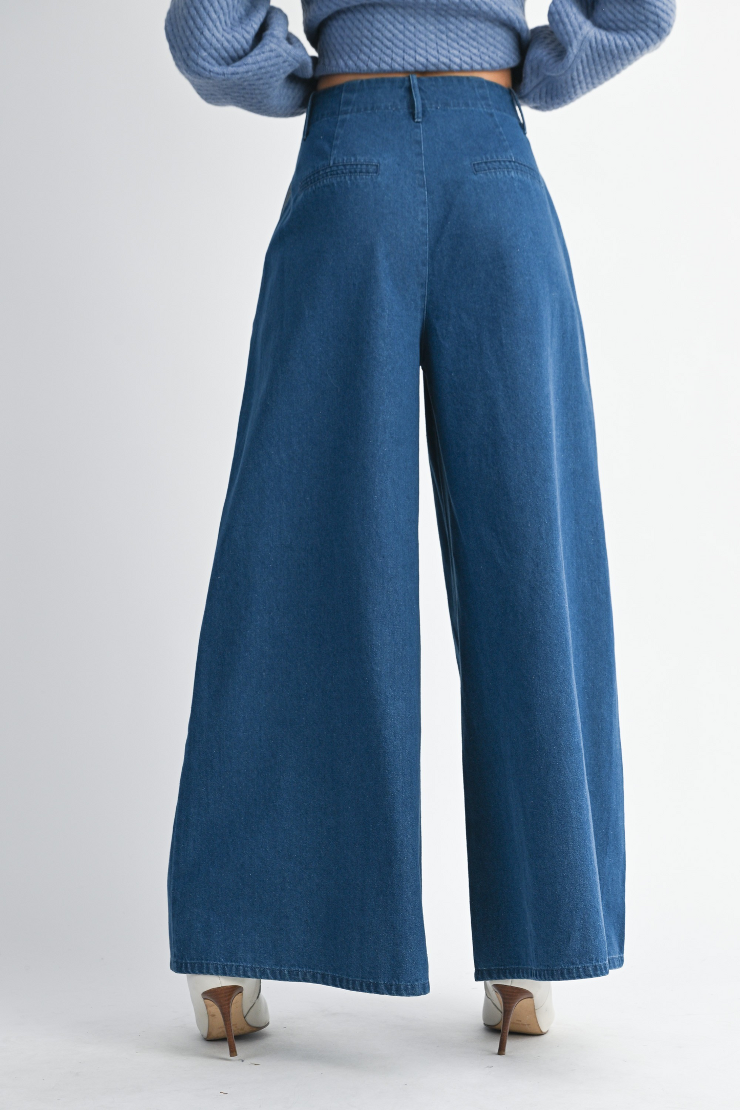 Pleated Detail Wide Leg Denim Pants