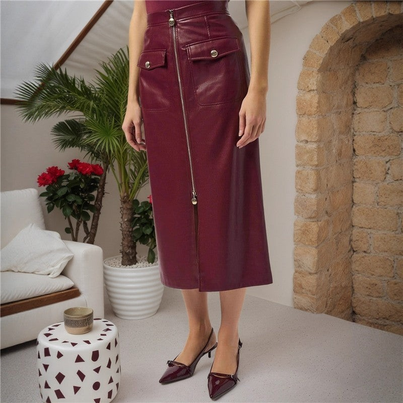 High Waist Slimming Pu Leather Skirt With Metal Zipper
