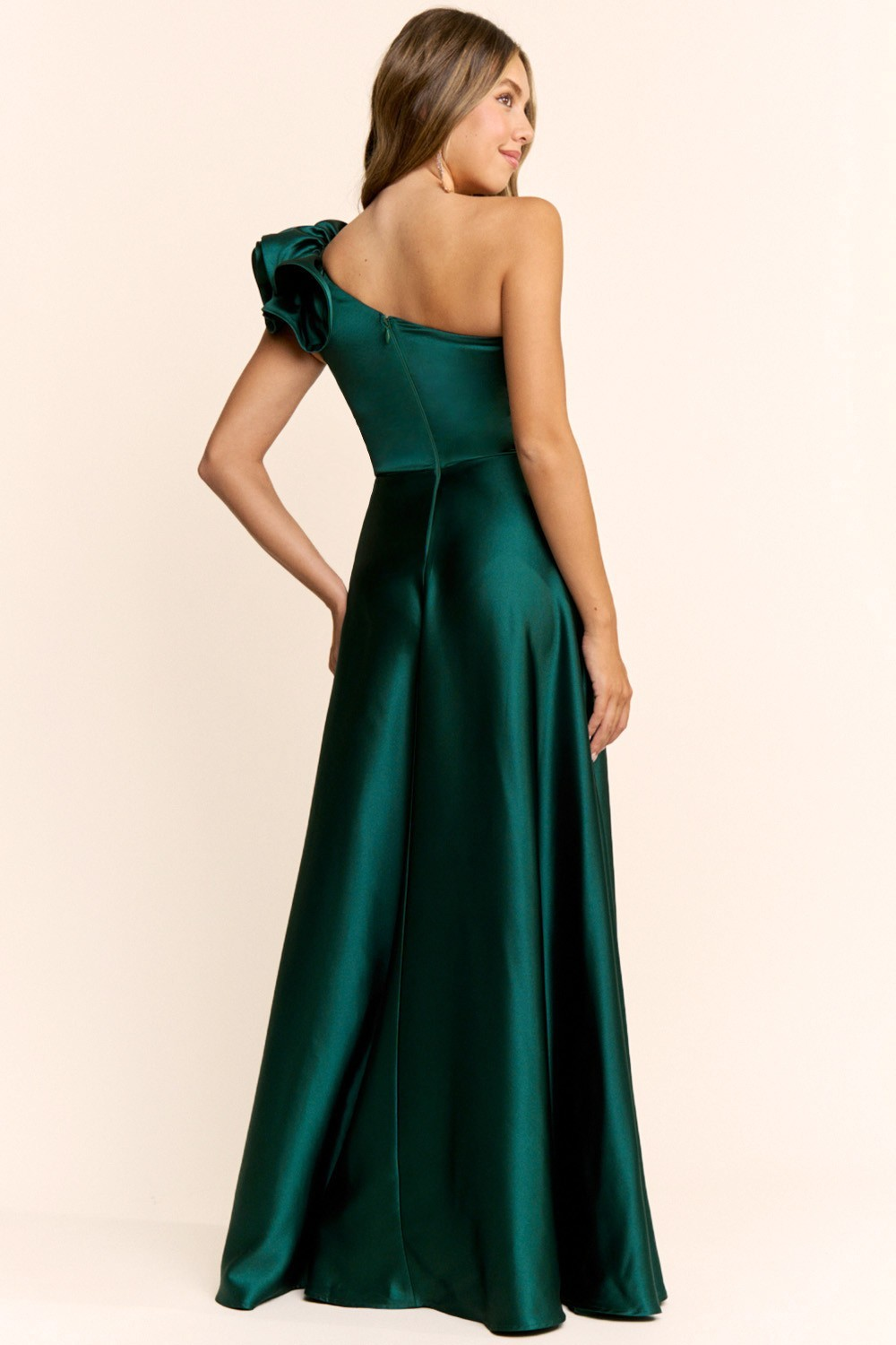 One Shoulder Pleated Satin Maxi Dress