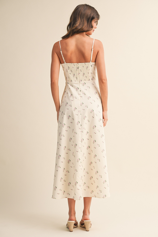 Floral Printed Twill Paneled A Line Midi Dress