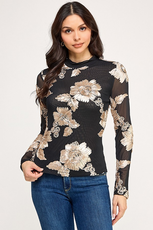 Flower Novelty Mesh Long Sleeve Top