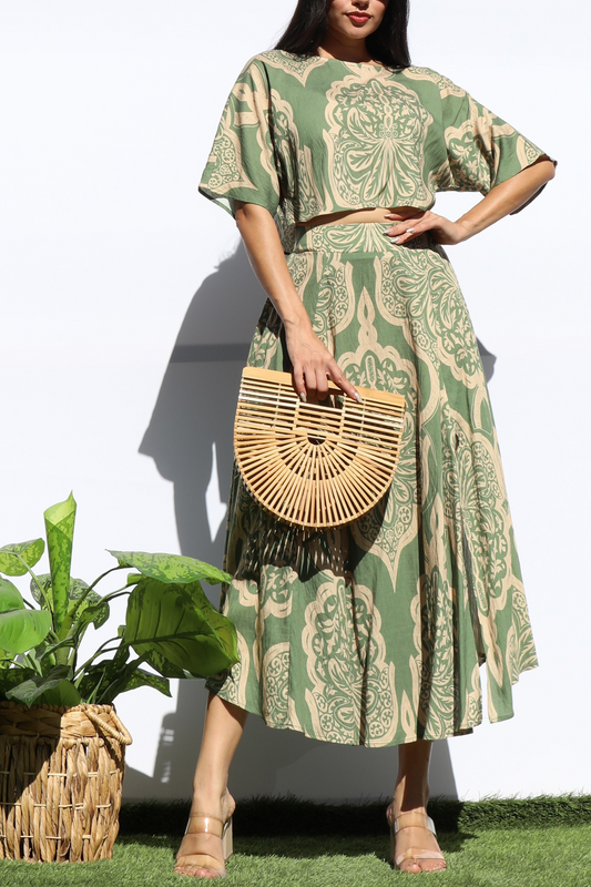 Printed Loose Fit Top And Flared Midi Skirt Set
