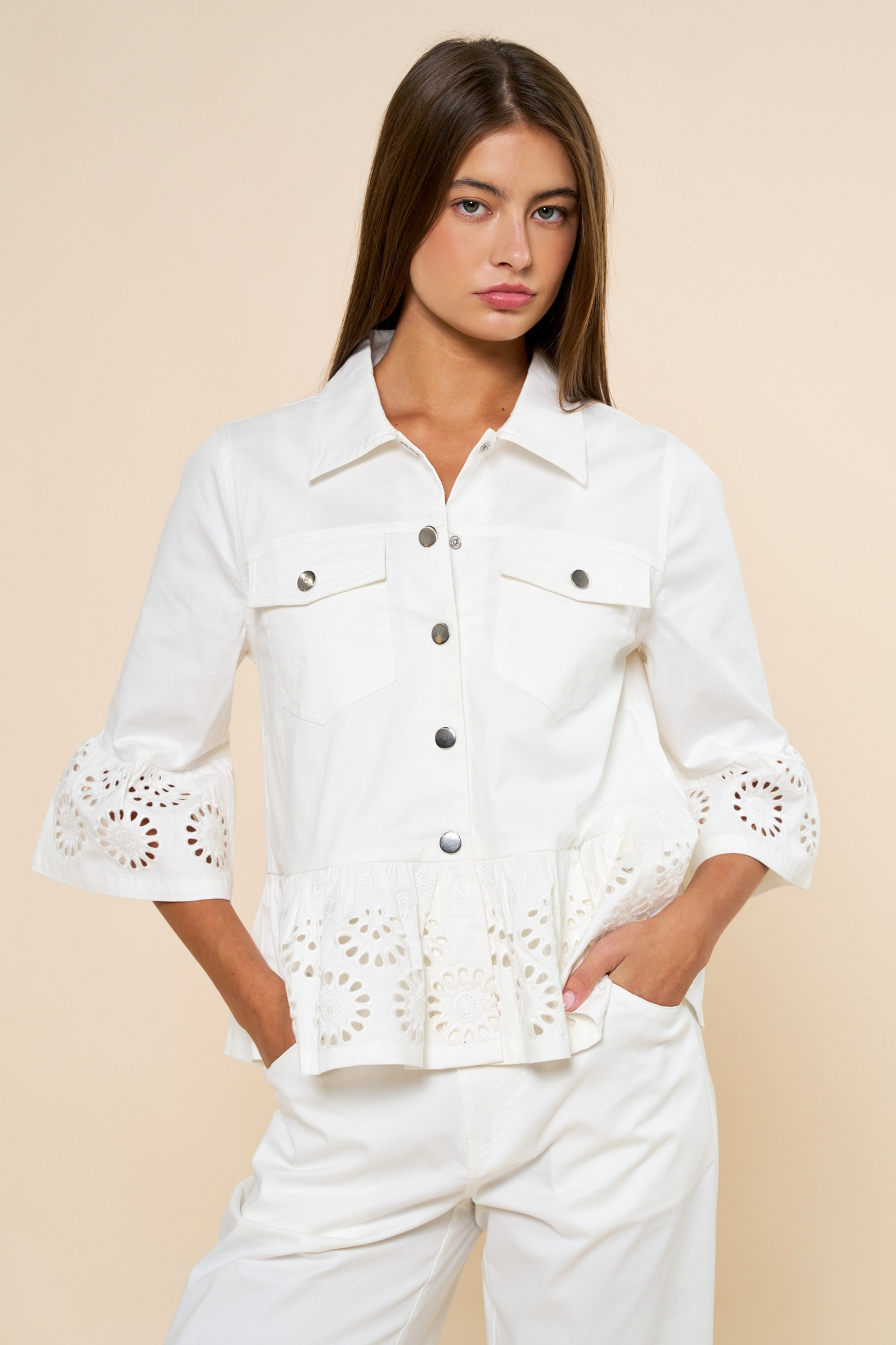Floral Embroidery Hem Peplum Top AND pants set