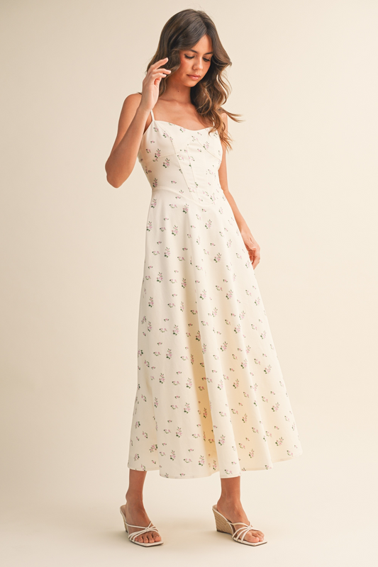 Floral Printed Twill Paneled A Line Midi Dress