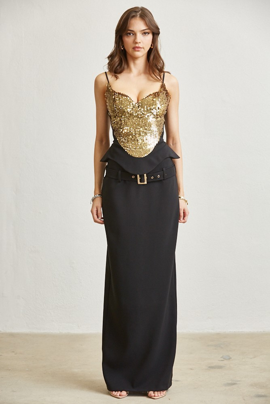 Gold Sequin Peplum Top & Belted Skirt 2-pc Set