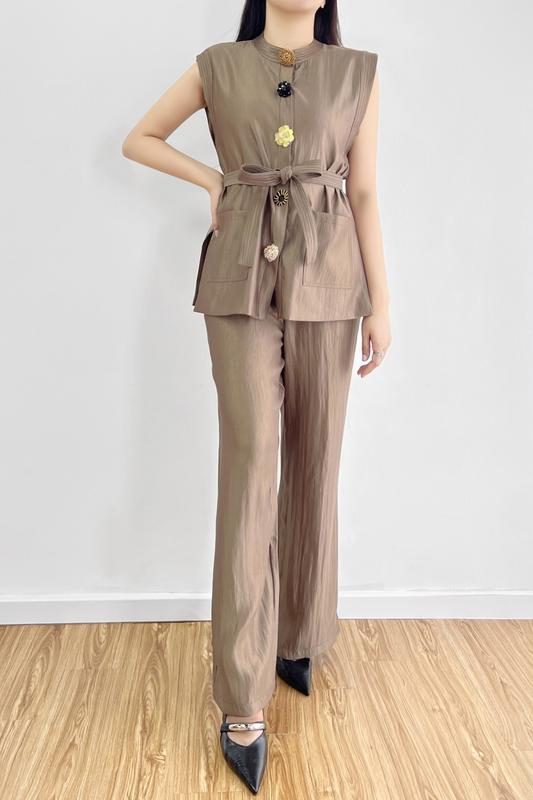 Textured Button Top And Wide Leg Pants