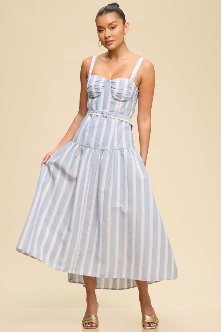Linen Stripe Midi Belted Dress
