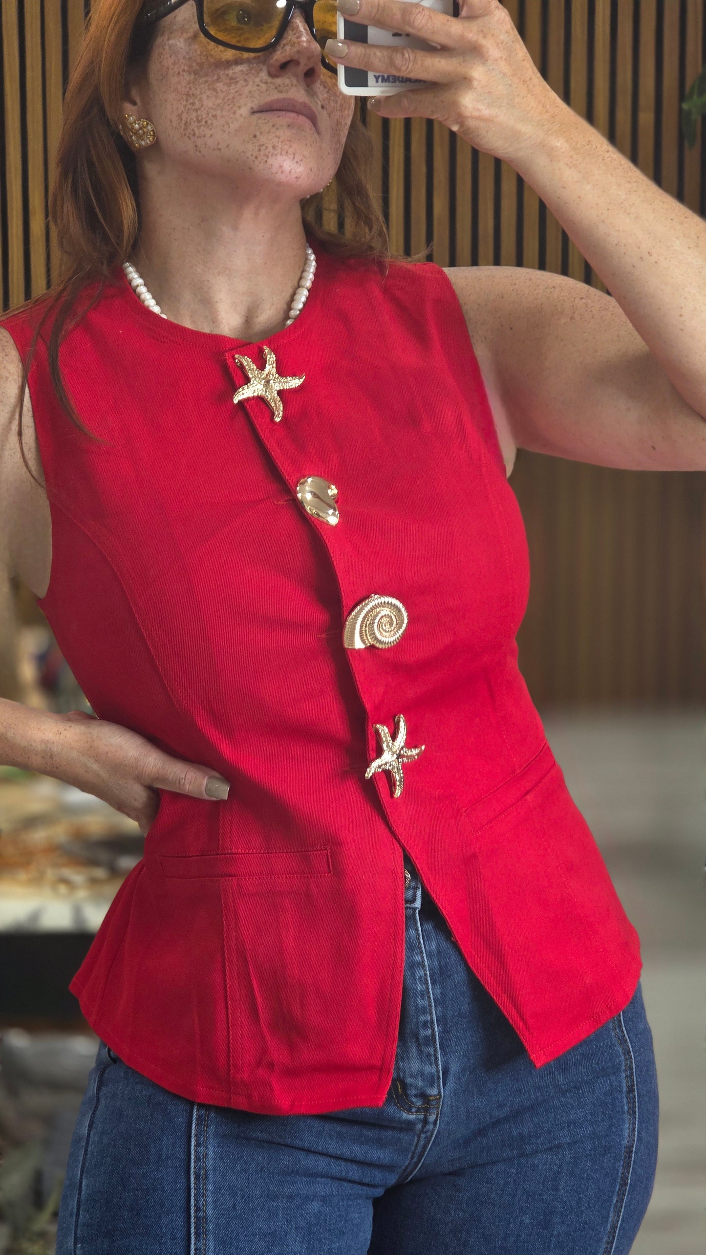 Metal Button Detail Round Neck Top