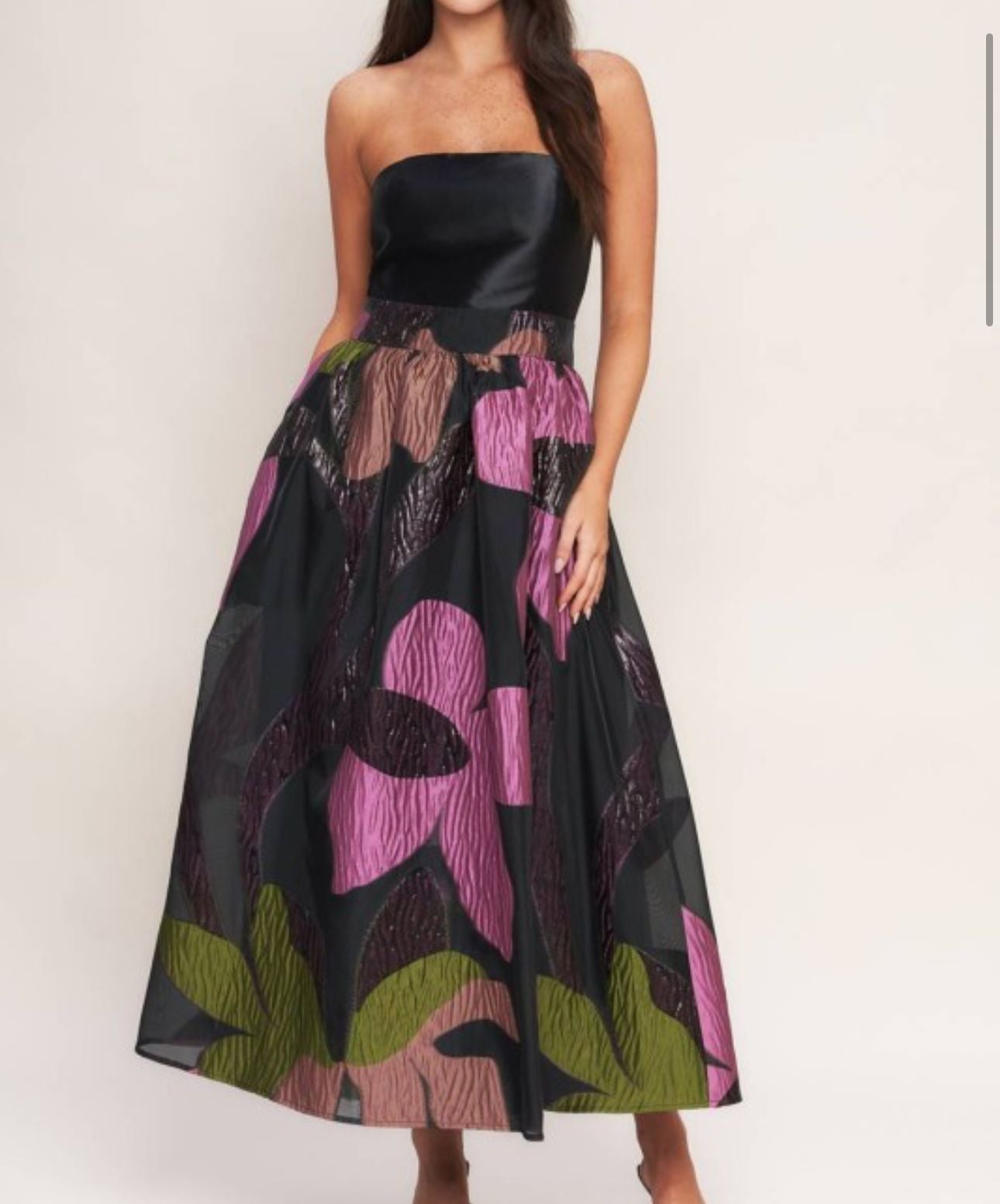 OFF SHOULDER BLACK FLORAL MIDI DRESS