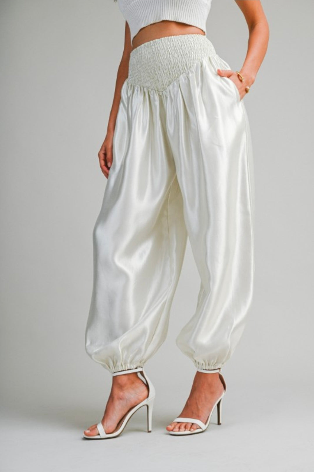 Satin High Waisted Pants With Smocked Waistband