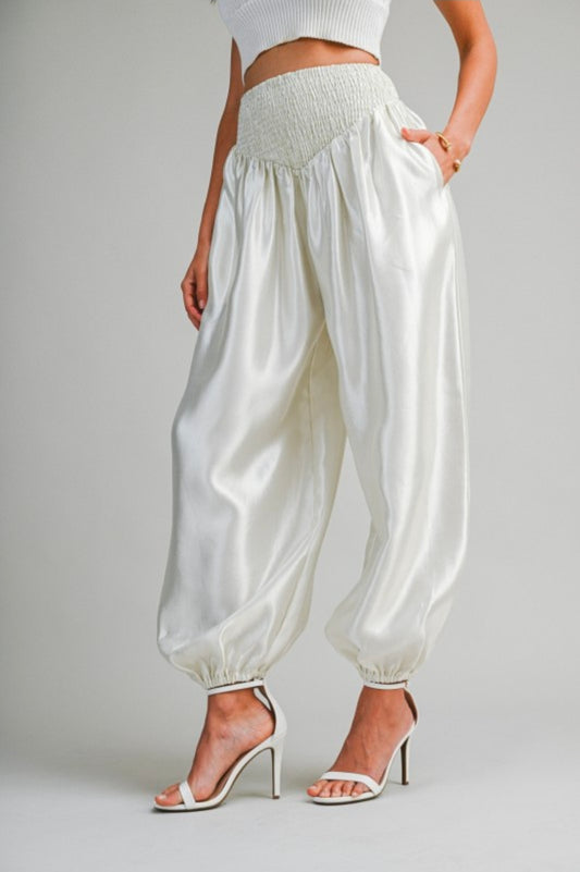 Satin High Waisted Pants With Smocked Waistband