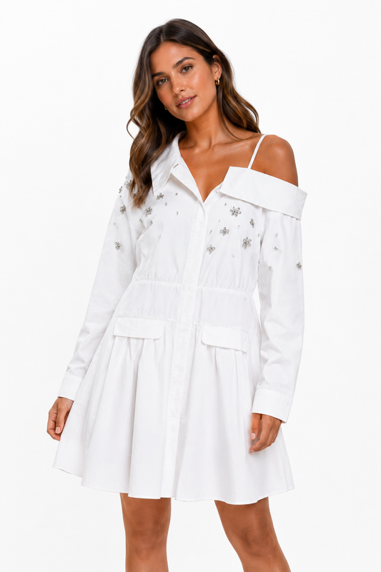 Asymmetrical Rhinestone Shirt Dress