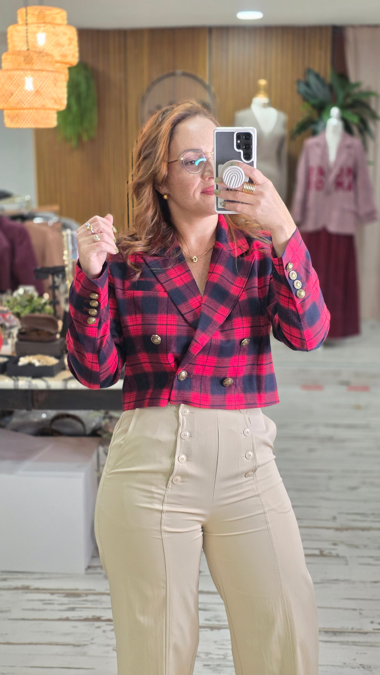 Holiday Plaid Double Breasted Cropped Blazer