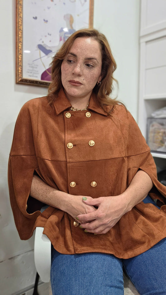 Vintage Loose Double Row Metal Button Cape Coat