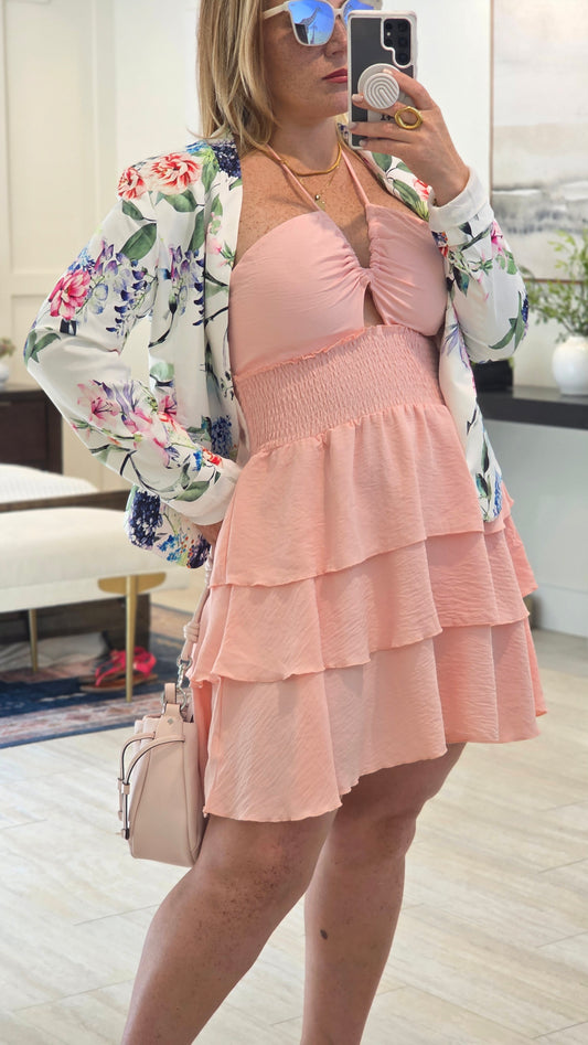 Cut Out Smocking Waist Back Halter Tie Dress