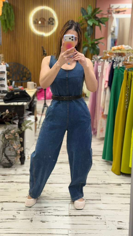 Denim barrel jumpsuit