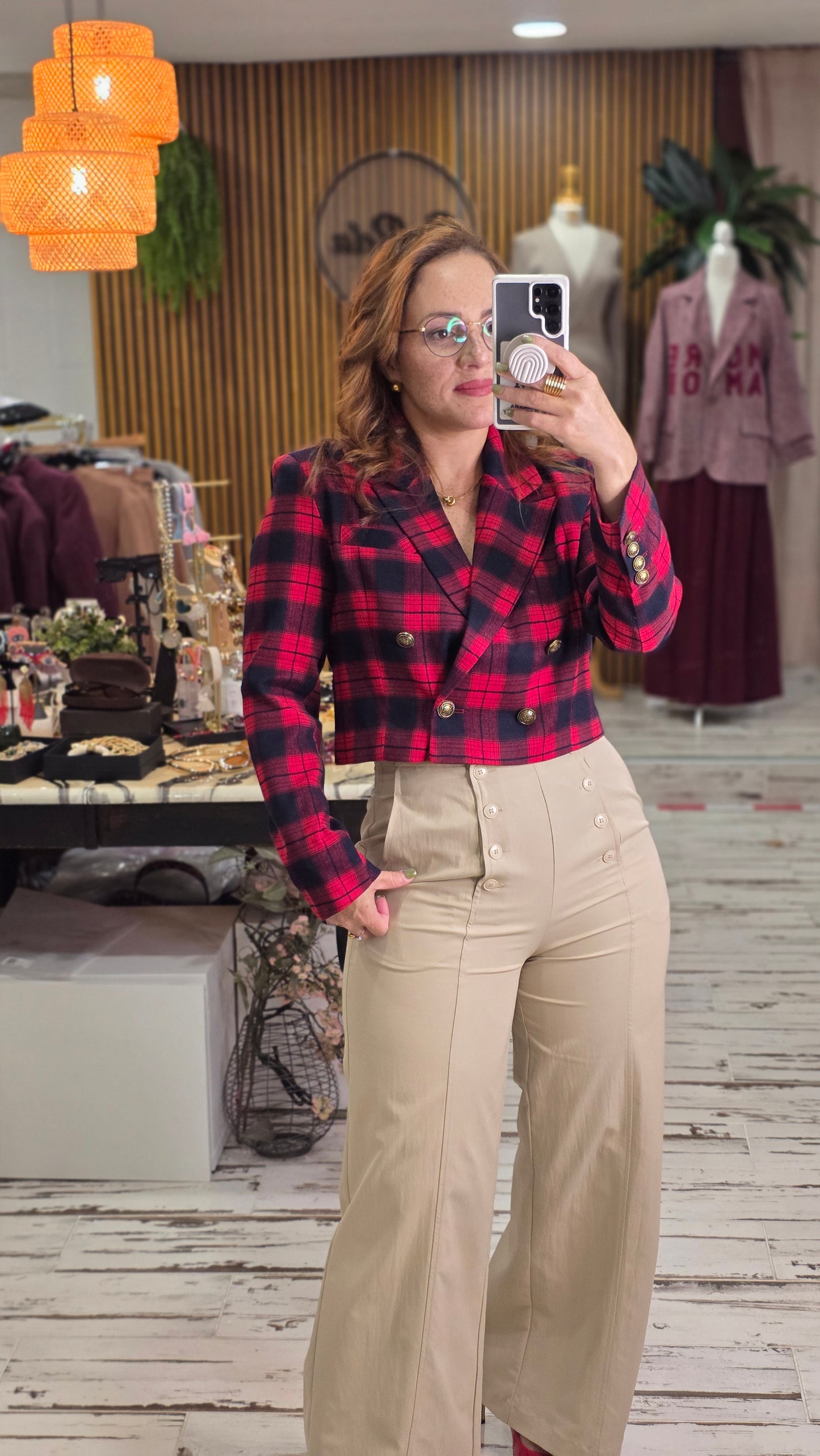 Holiday Plaid Double Breasted Cropped Blazer