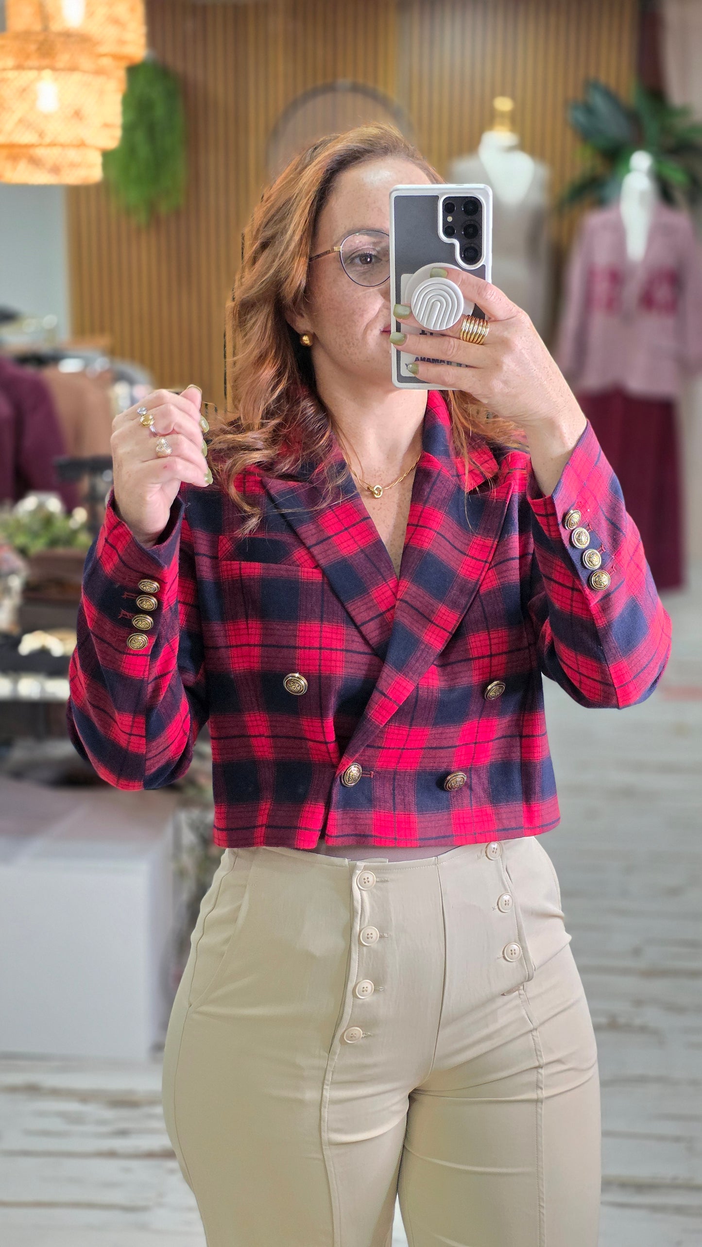 Holiday Plaid Double Breasted Cropped Blazer