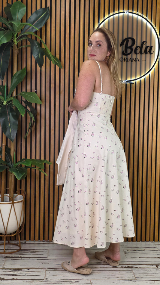 Floral Printed Twill Paneled A Line Midi Dress
