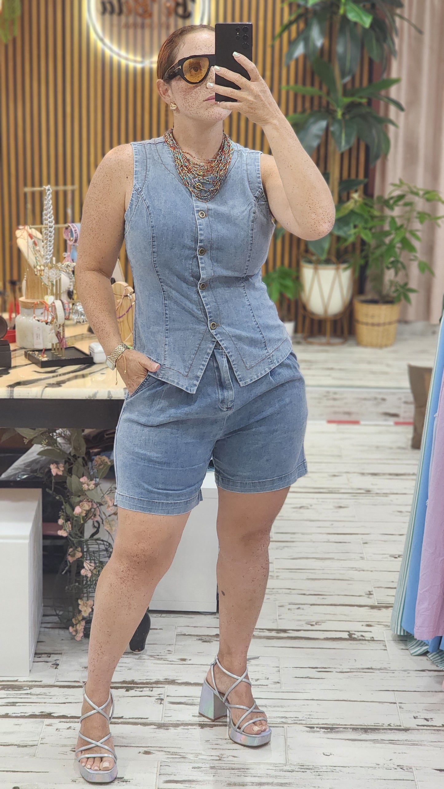 Denim Slvls Button Down Top And SHORT Set