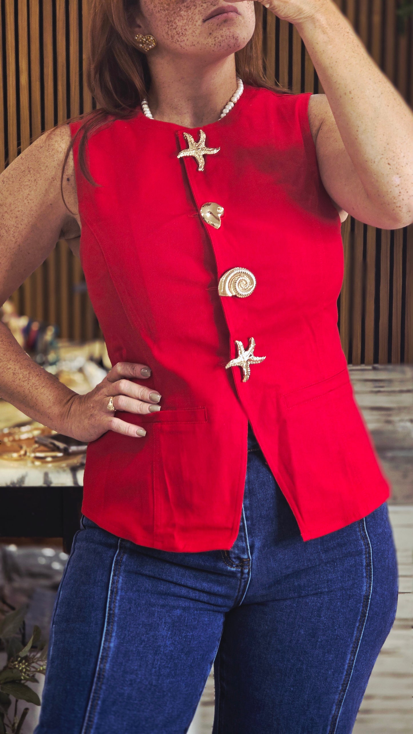 Metal Button Detail Round Neck Top