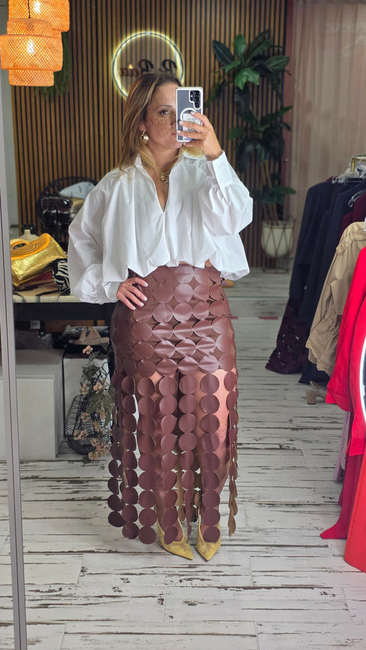 Scallop Cutout Blouse And Midi Skirt Set