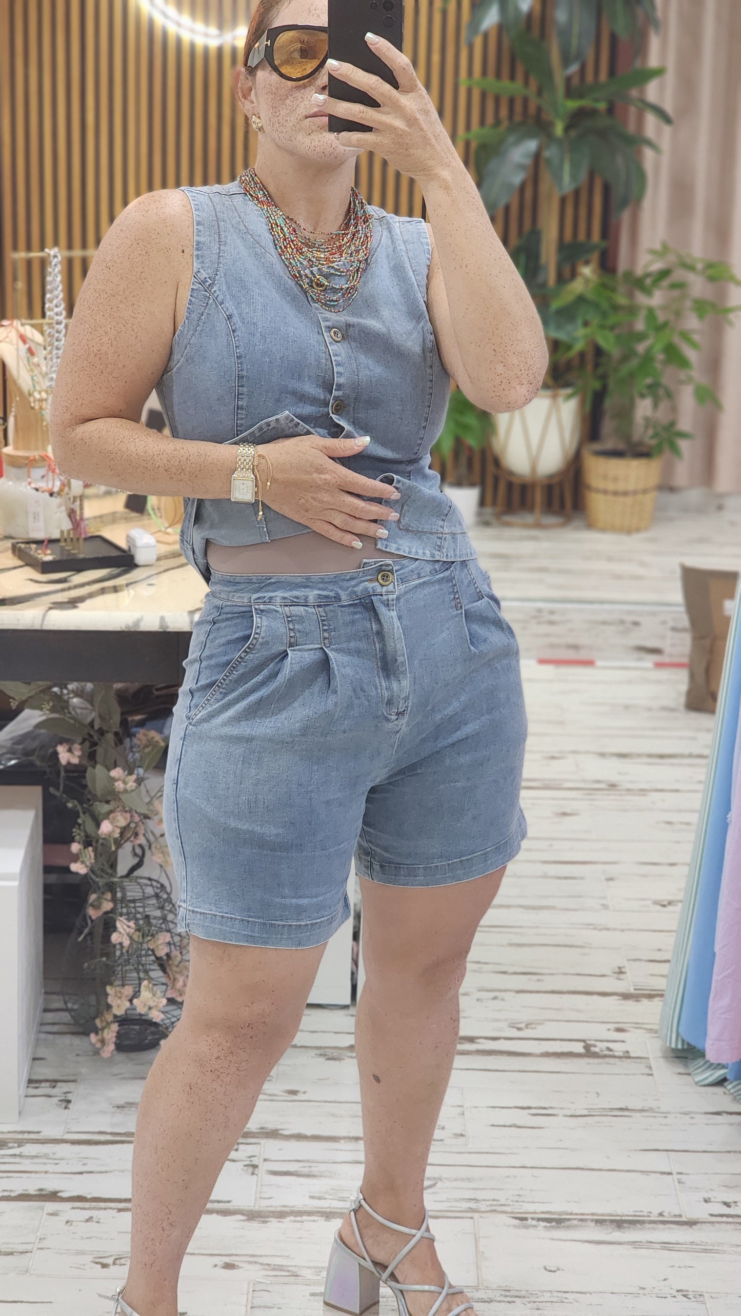 Denim Slvls Button Down Top And SHORT Set