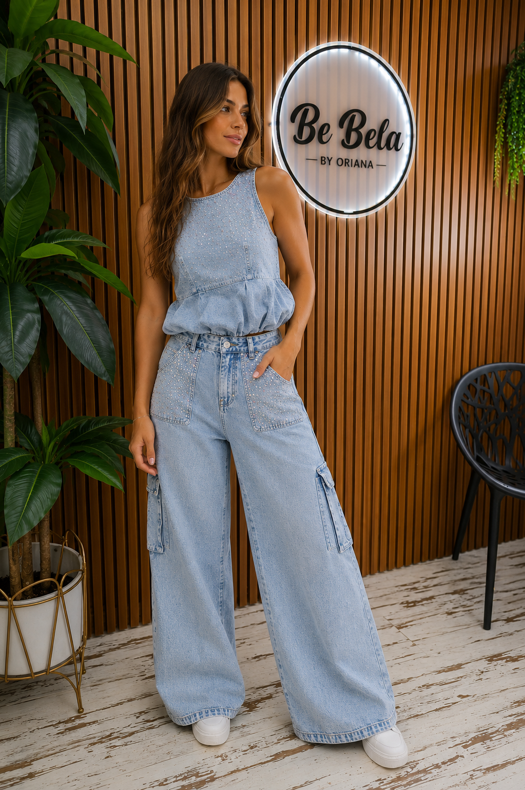 Denim rhinestones top & cargo pants