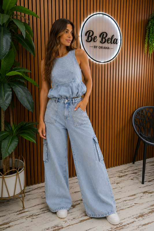 Denim rhinestones top & cargo pants