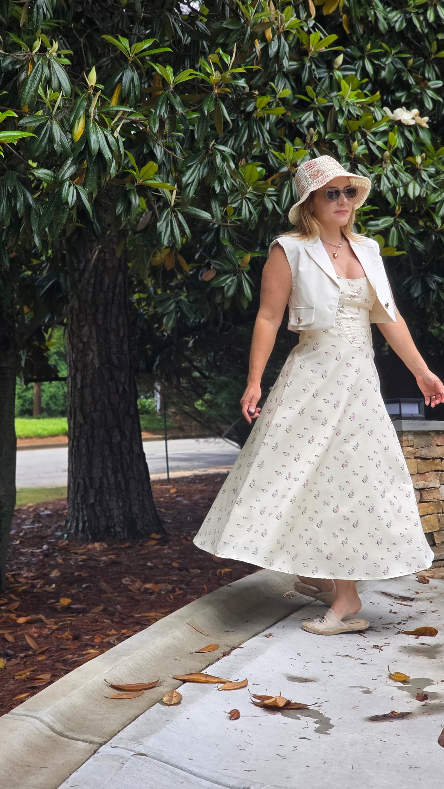 Floral Printed Twill Paneled A Line Midi Dress
