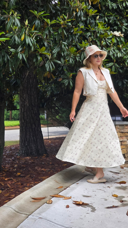 Floral Printed Twill Paneled A Line Midi Dress