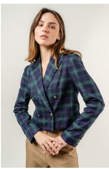 Holiday Plaid Double Breasted Cropped Blazer