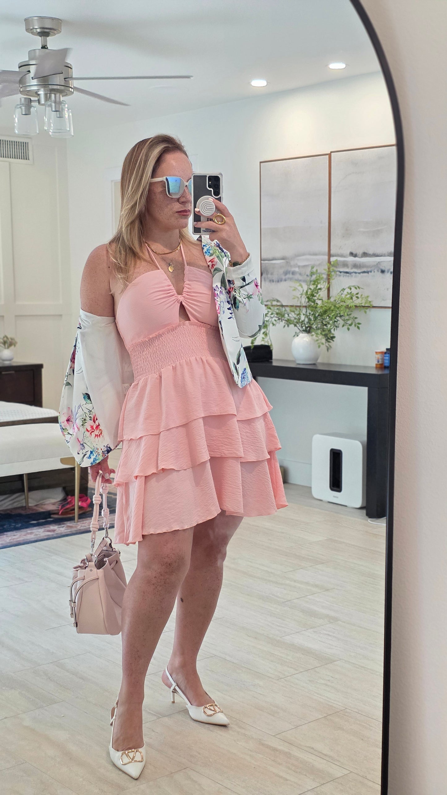 Cut Out Smocking Waist Back Halter Tie Dress