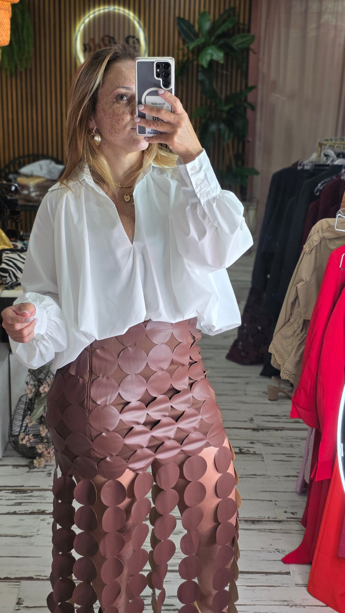 Scallop Cutout Blouse And Midi Skirt Set