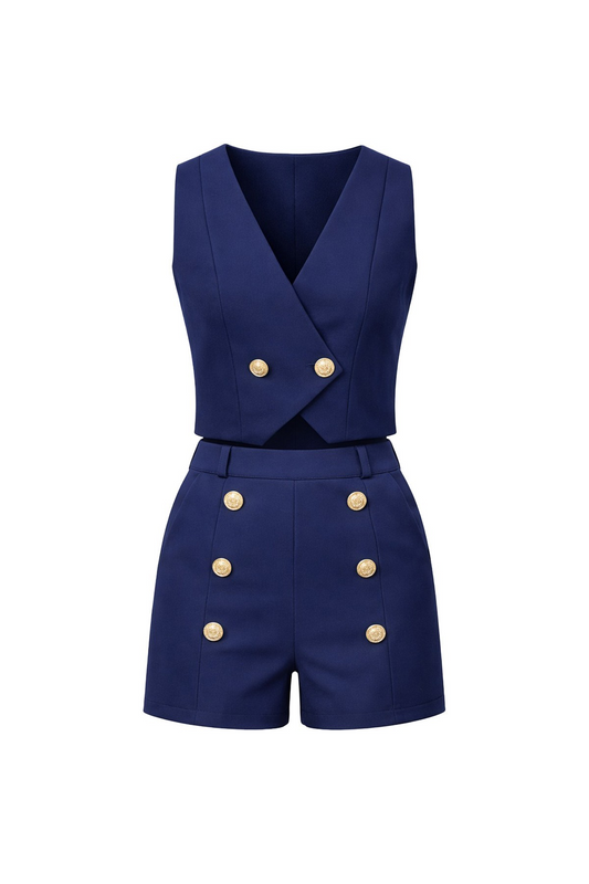 Woven Double Breasted Vest And Shorts Set