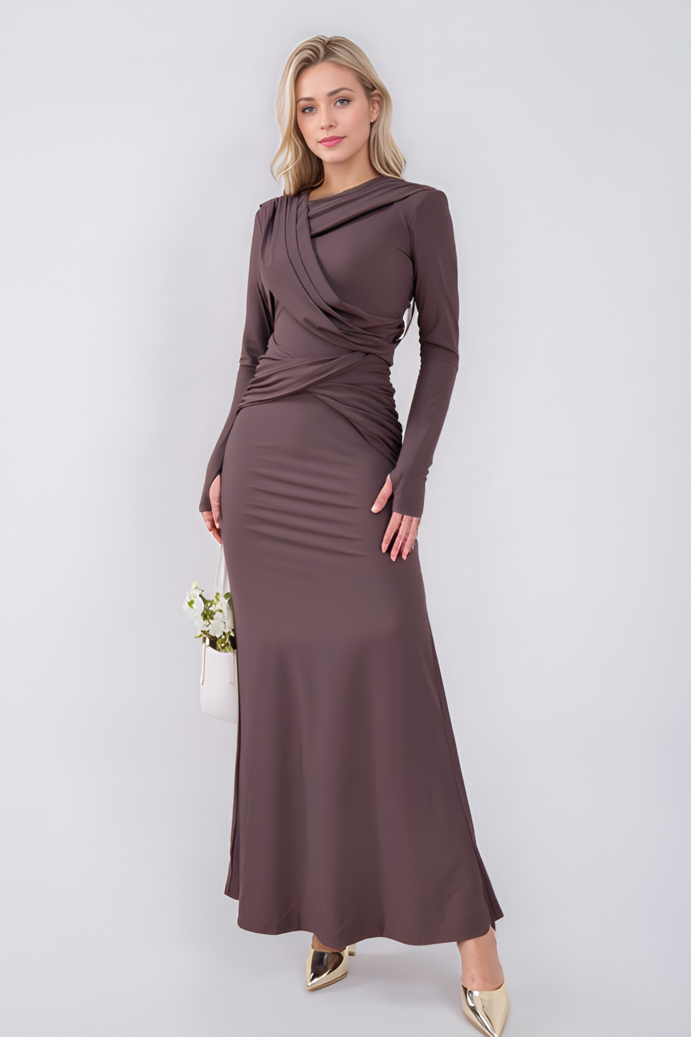 Draped Long Sleeve Maxi Dress