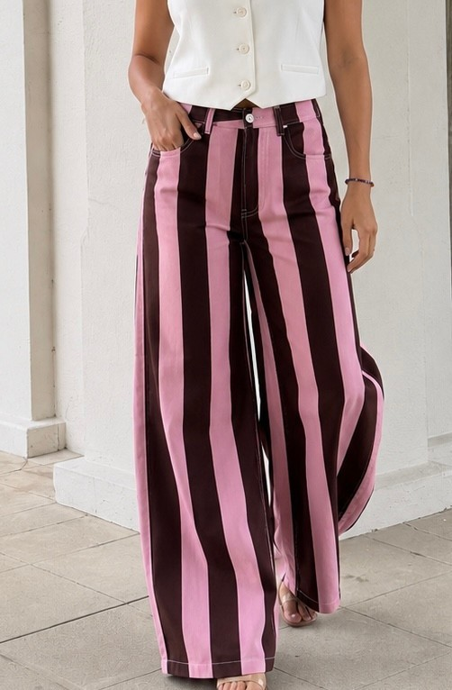 High Waisted Color Block Stripe Wide Leg Denim Jeans